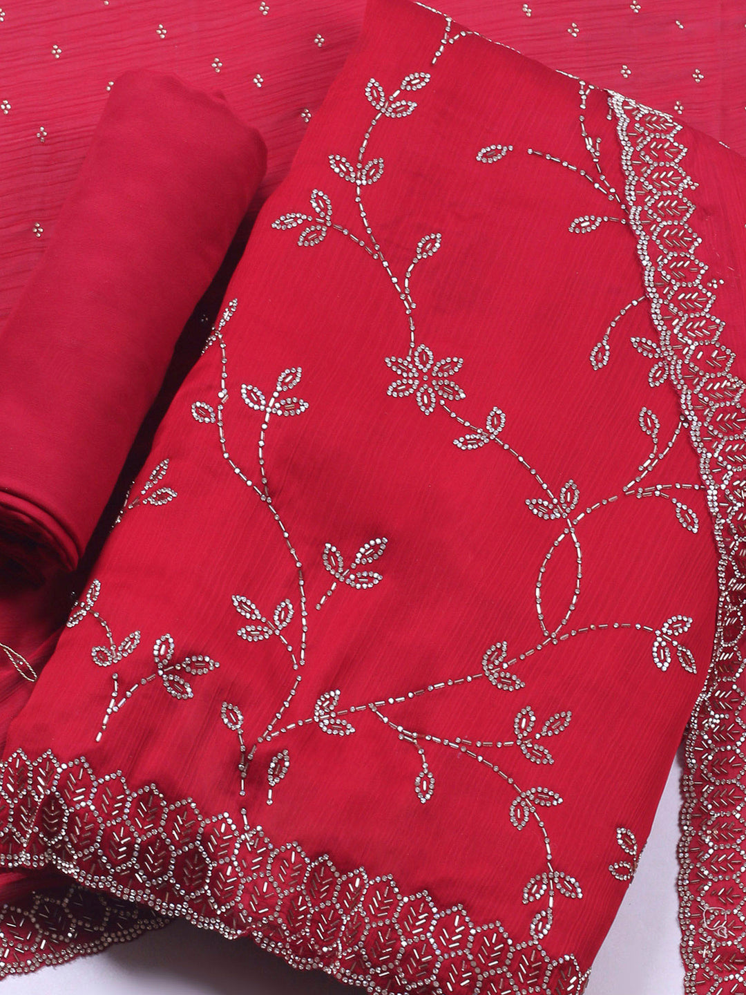 Maroon Embroidered Chiffon Unstitched Suit &amp; Pant With Chiffon Dupatta