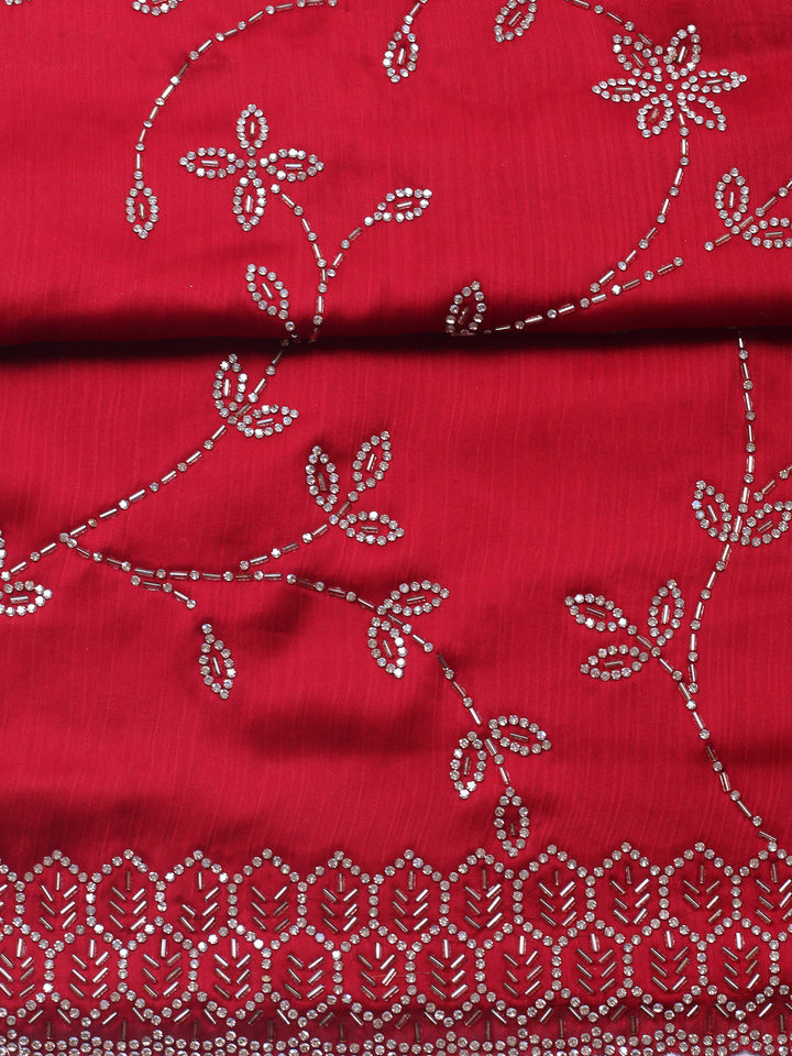 Maroon Embroidered Chiffon Unstitched Suit &amp; Pant With Chiffon Dupatta