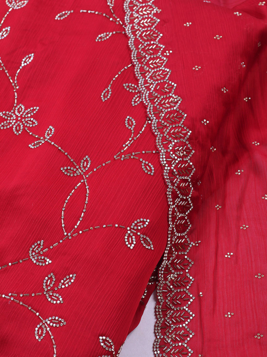 Maroon Embroidered Chiffon Unstitched Suit &amp; Pant With Chiffon Dupatta