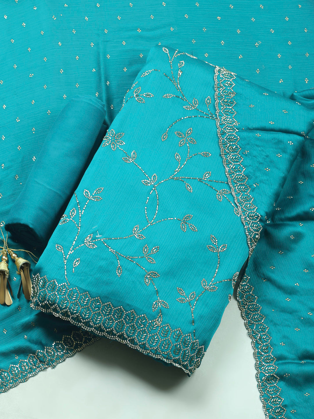 Rama Green Embroidered Chiffon Unstitched Suit &amp; Pant With Chiffon Dupatta