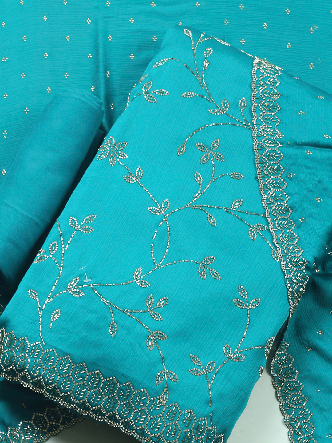 Rama Green Embroidered Chiffon Unstitched Suit &amp; Pant With Chiffon Dupatta