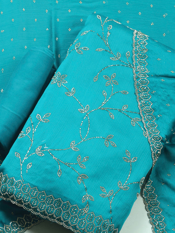 Rama Green Embroidered Chiffon Unstitched Suit &amp; Pant With Chiffon Dupatta