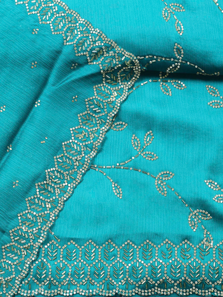 Rama Green Embroidered Chiffon Unstitched Suit &amp; Pant With Chiffon Dupatta