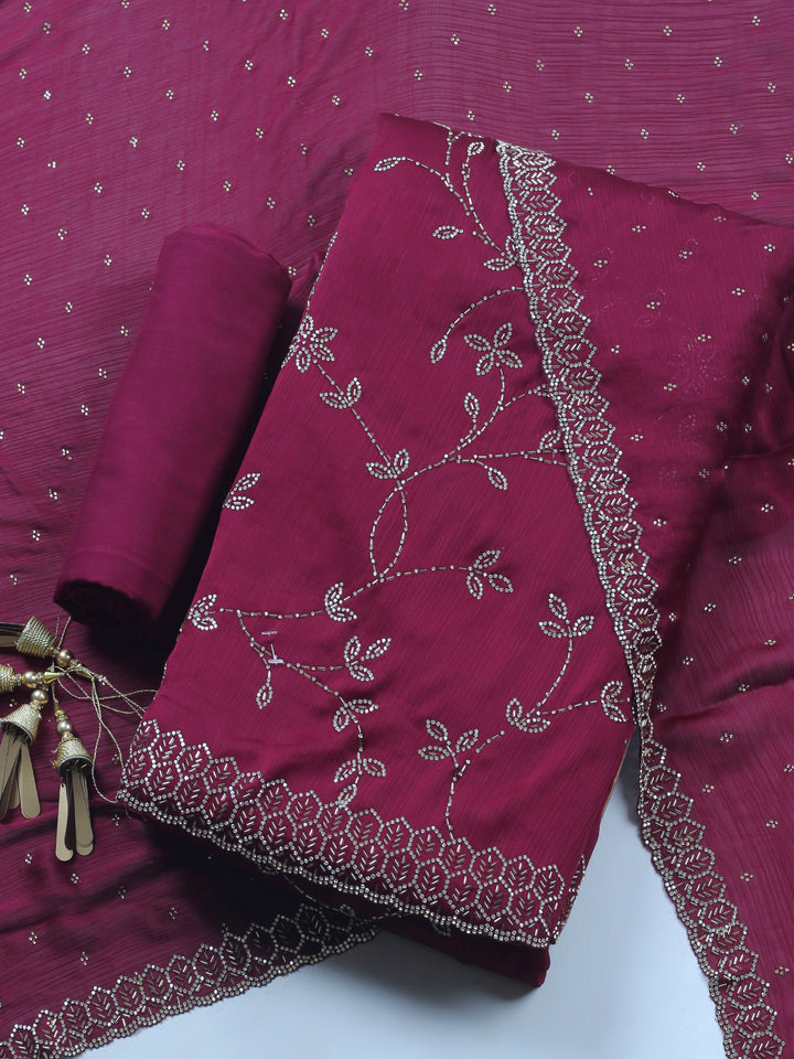 Wine Embroidered Chiffon Unstitched Suit &amp; Pant With Chiffon Dupatta