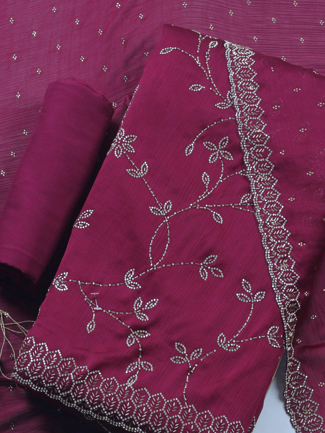 Wine Embroidered Chiffon Unstitched Suit &amp; Pant With Chiffon Dupatta