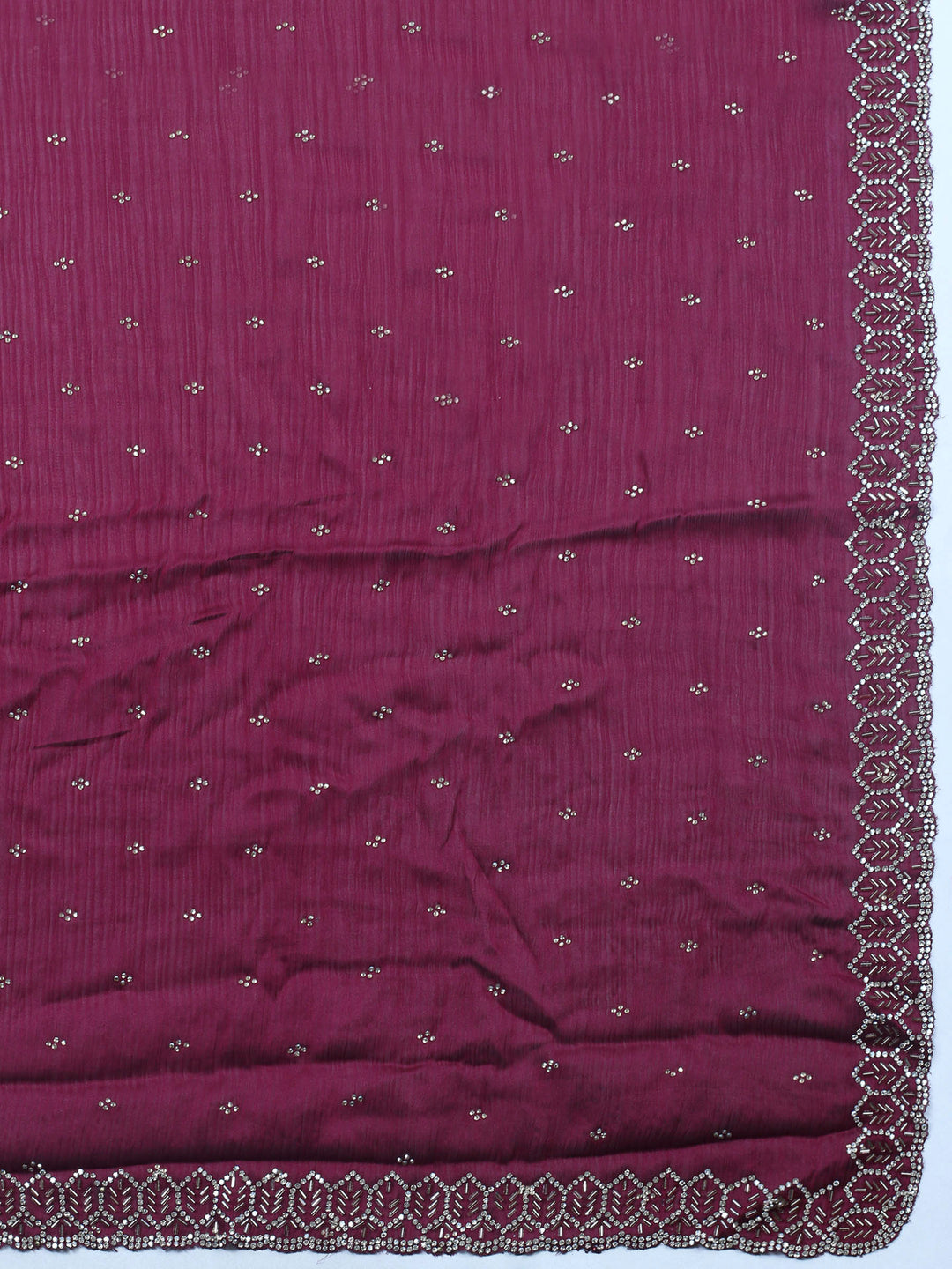 Wine Embroidered Chiffon Unstitched Suit &amp; Pant With Chiffon Dupatta