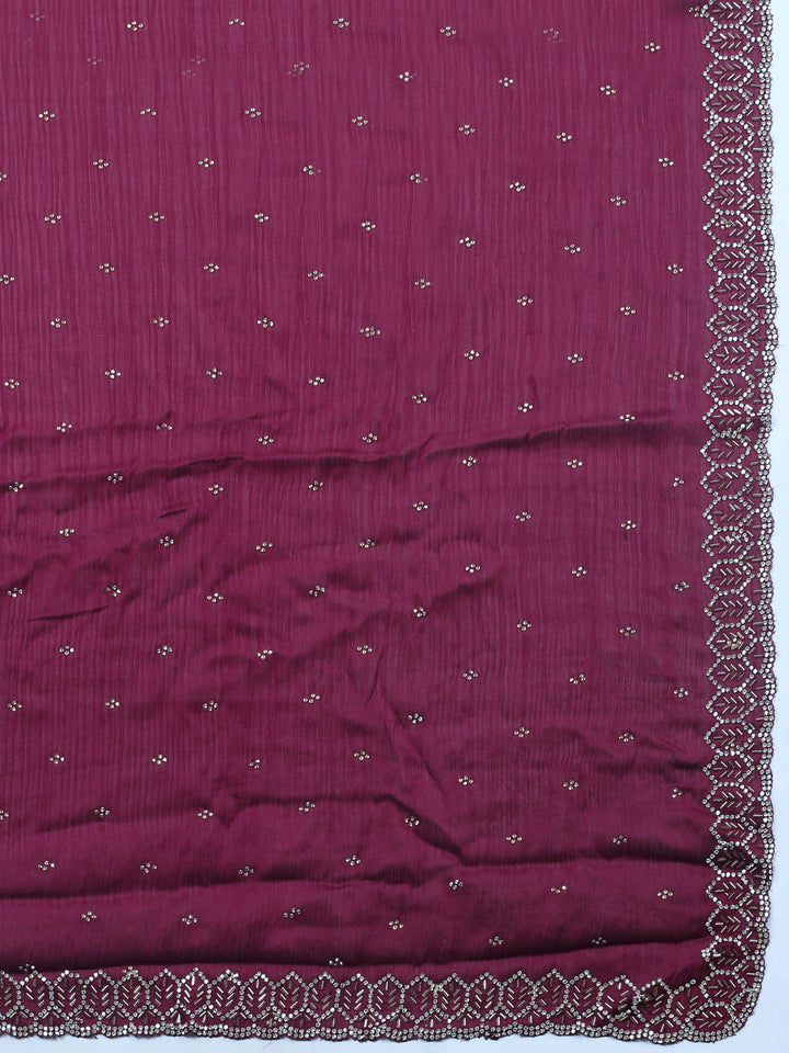 Wine Embroidered Chiffon Unstitched Suit &amp; Pant With Chiffon Dupatta
