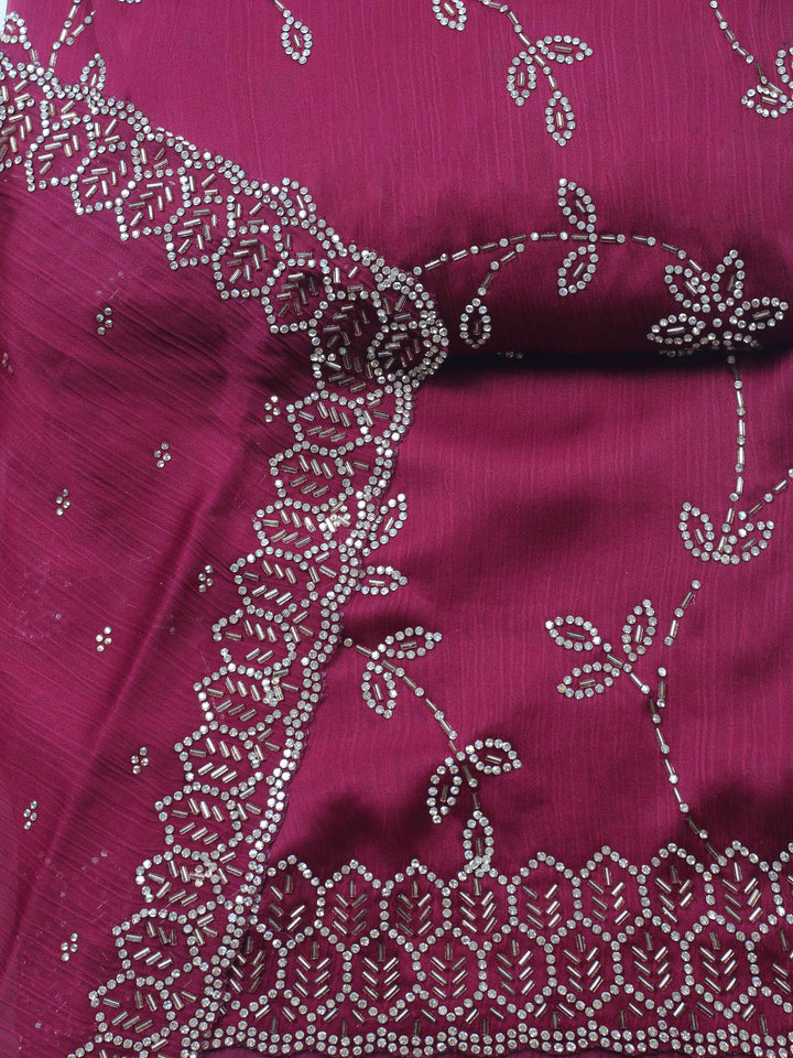 Wine Embroidered Chiffon Unstitched Suit &amp; Pant With Chiffon Dupatta