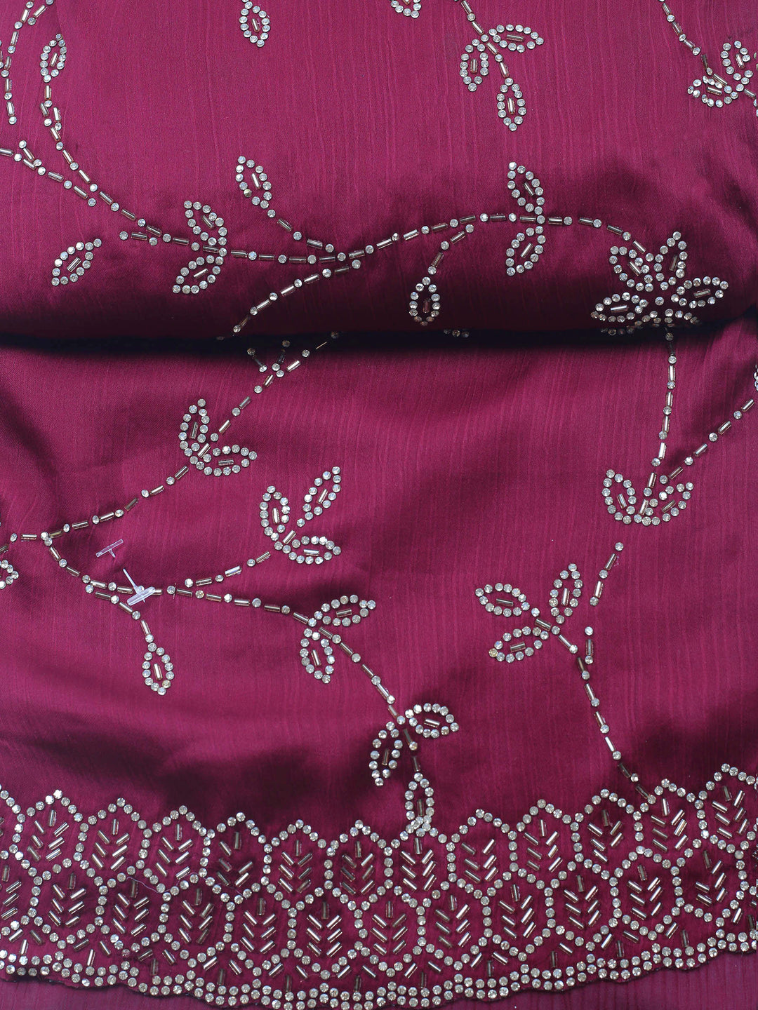 Wine Embroidered Chiffon Unstitched Suit &amp; Pant With Chiffon Dupatta