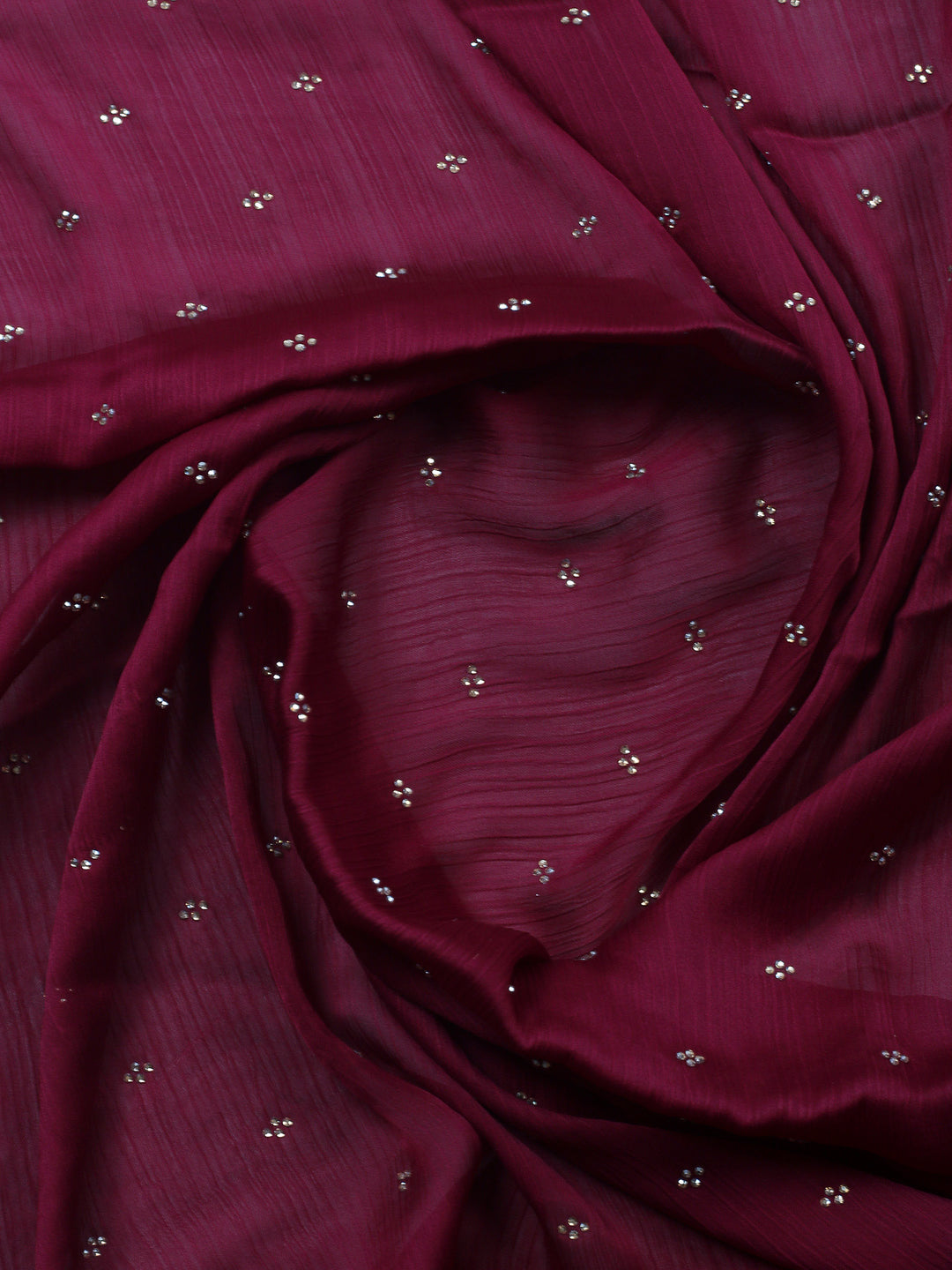 Wine Embroidered Chiffon Unstitched Suit &amp; Pant With Chiffon Dupatta