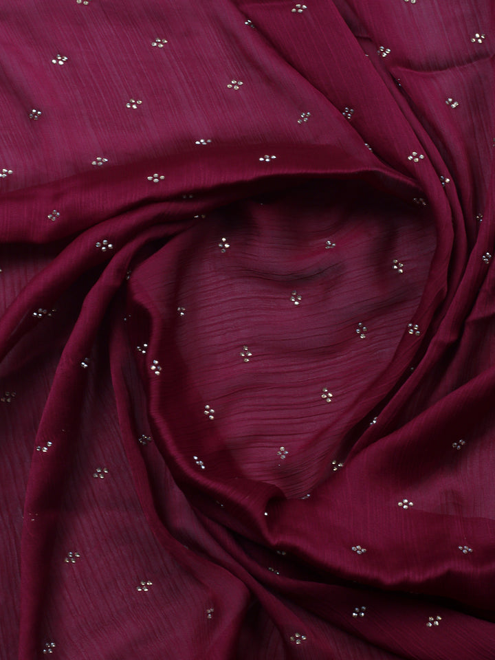 Wine Embroidered Chiffon Unstitched Suit &amp; Pant With Chiffon Dupatta