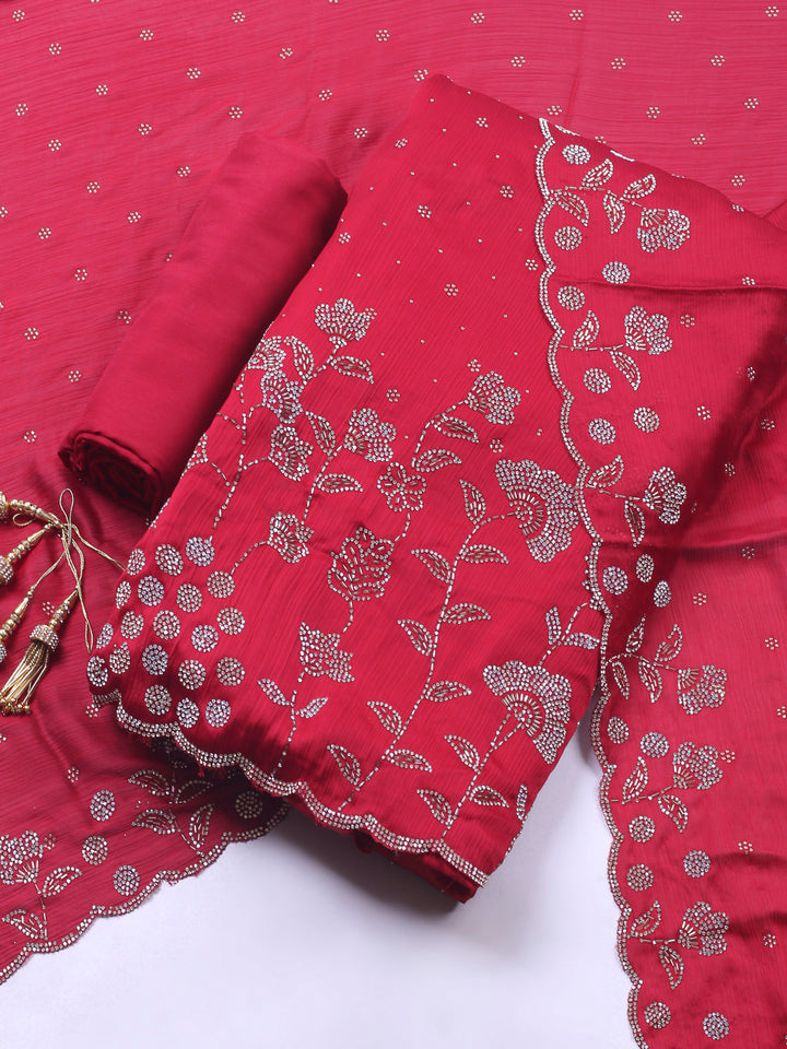 Maroon Embellished Chiffon Unstitched Suit &amp; Pant With Chiffon Dupatta