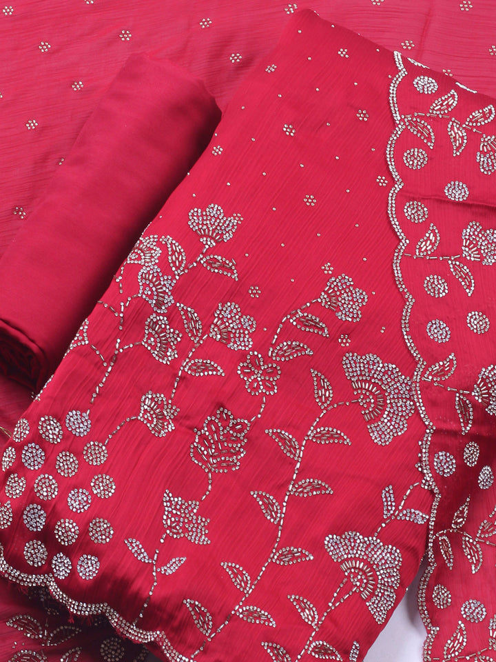 Maroon Embellished Chiffon Unstitched Suit &amp; Pant With Chiffon Dupatta