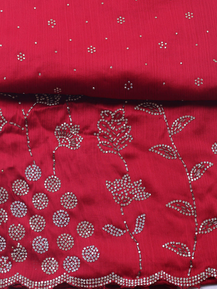 Maroon Embellished Chiffon Unstitched Suit &amp; Pant With Chiffon Dupatta