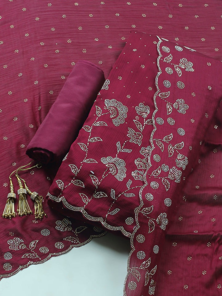 Wine Embellished Chiffon Unstitched Suit &amp; Pant With Chiffon Dupatta