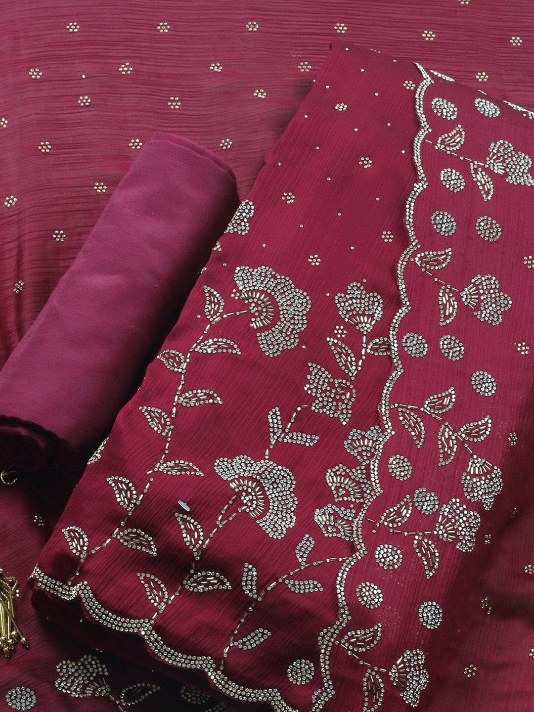 Wine Embellished Chiffon Unstitched Suit &amp; Pant With Chiffon Dupatta