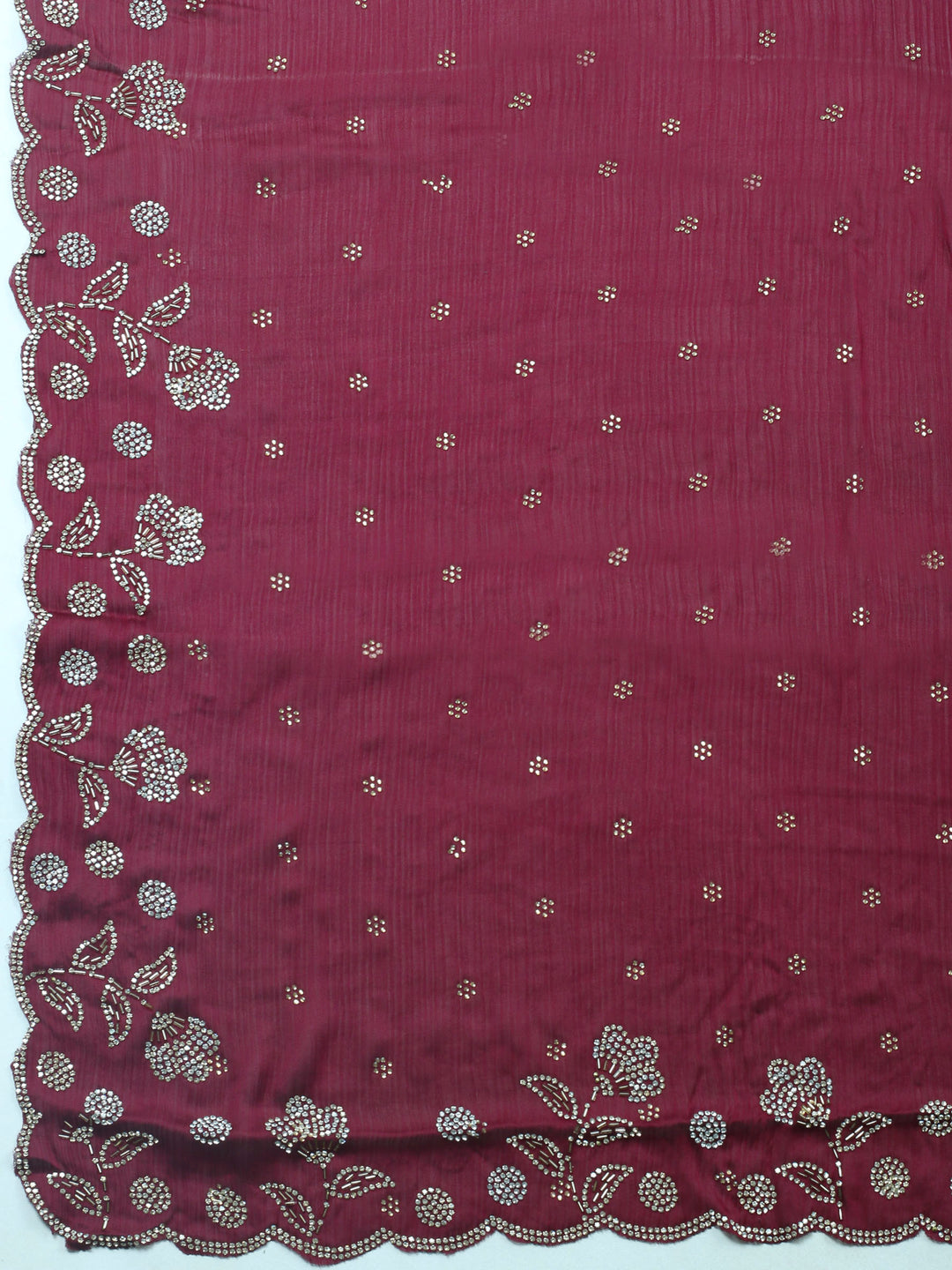 Wine Embellished Chiffon Unstitched Suit &amp; Pant With Chiffon Dupatta