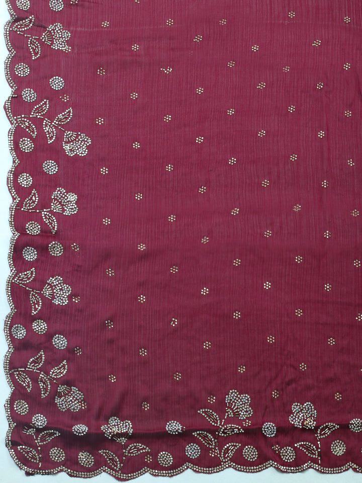Wine Embellished Chiffon Unstitched Suit &amp; Pant With Chiffon Dupatta