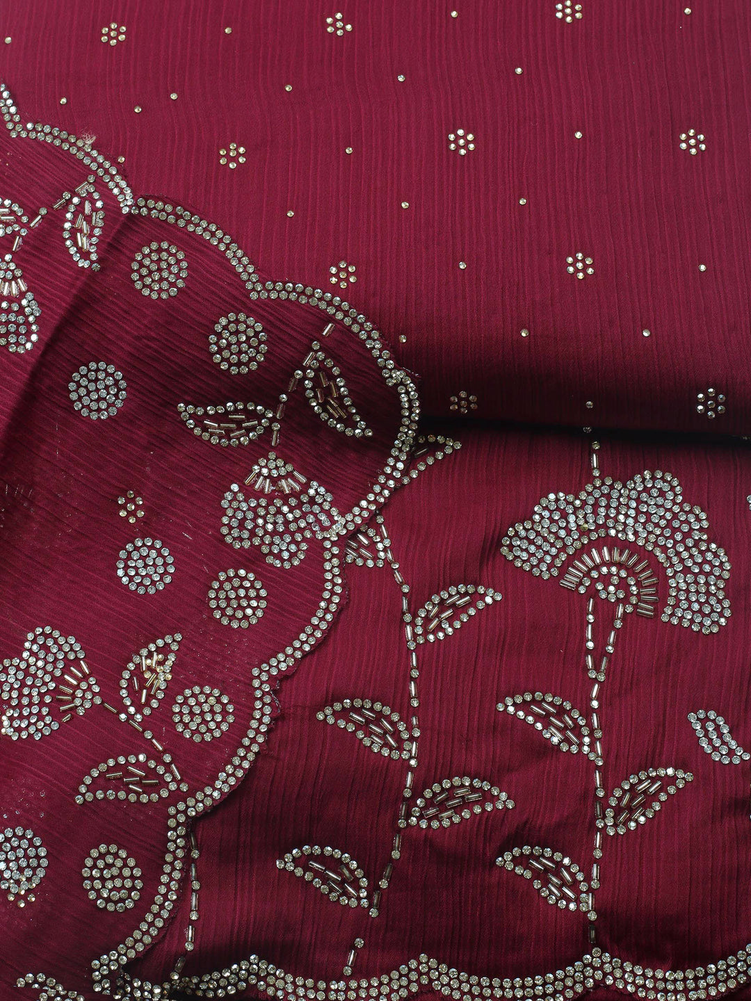 Wine Embellished Chiffon Unstitched Suit &amp; Pant With Chiffon Dupatta