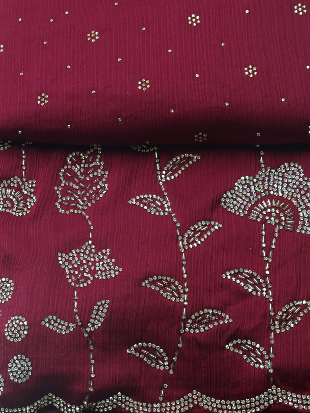 Wine Embellished Chiffon Unstitched Suit &amp; Pant With Chiffon Dupatta