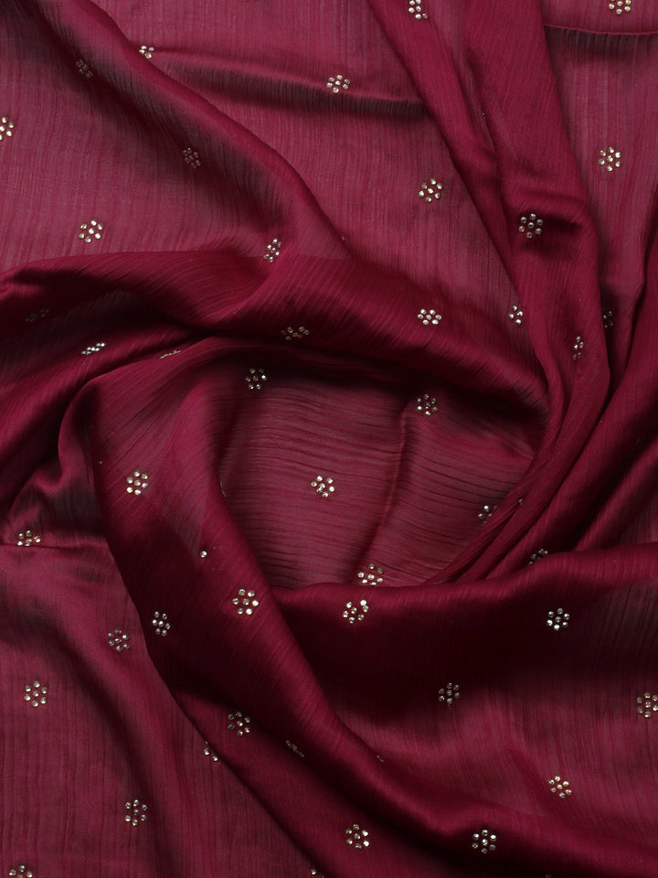 Wine Embellished Chiffon Unstitched Suit &amp; Pant With Chiffon Dupatta