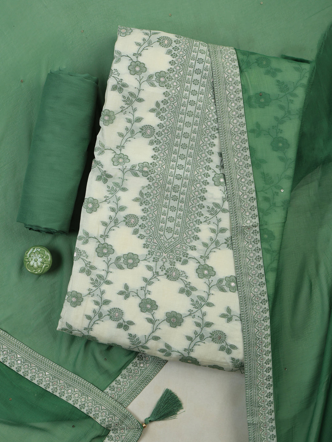 Green Muslin Embroidered Unstitched Dress Material