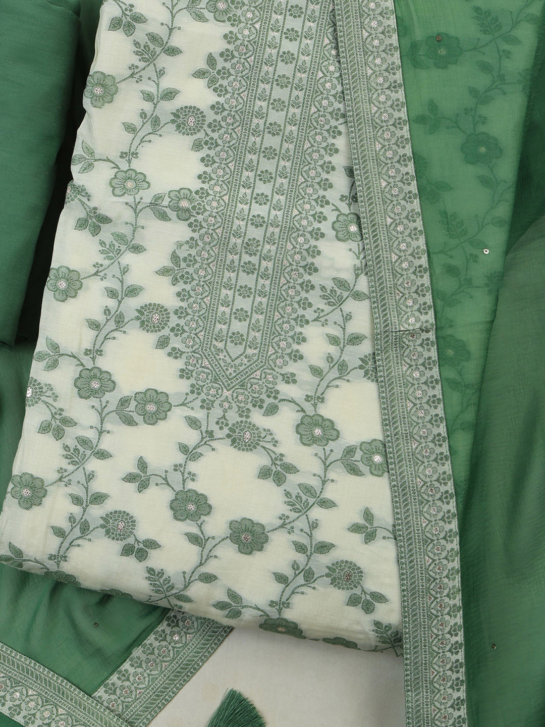 Green Muslin Embroidered Unstitched Dress Material