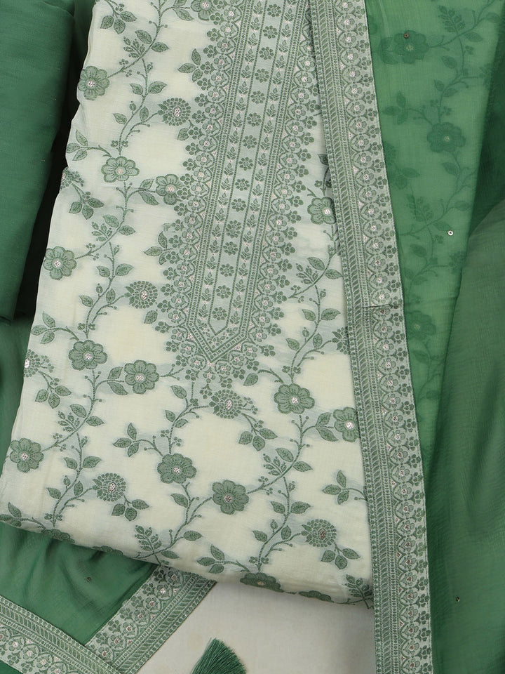 Green Muslin Embroidered Unstitched Dress Material