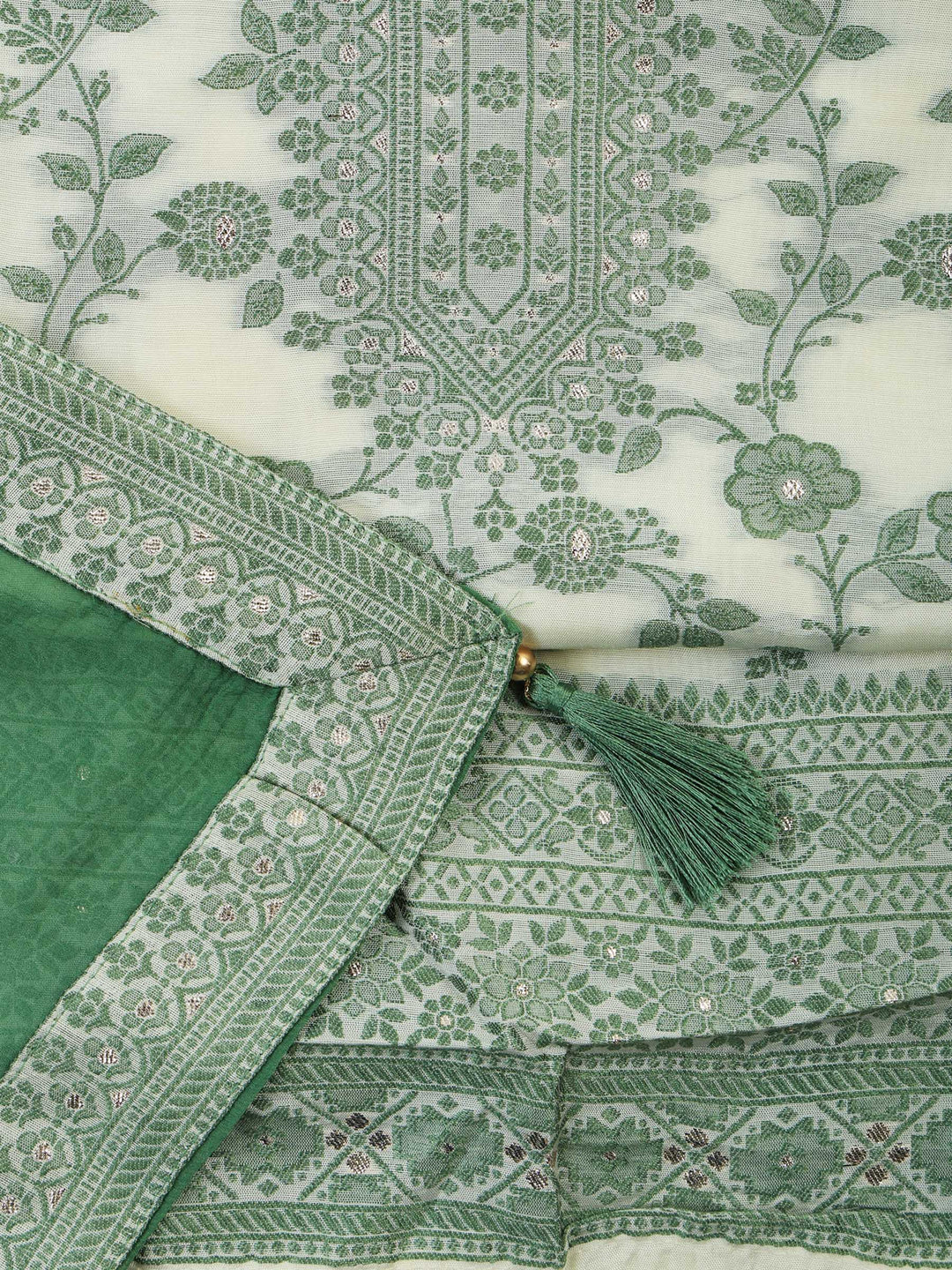 Green Muslin Embroidered Unstitched Dress Material