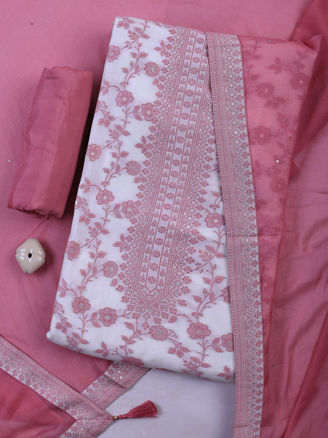Peach Muslin Embroidered Unstitched Dress Material
