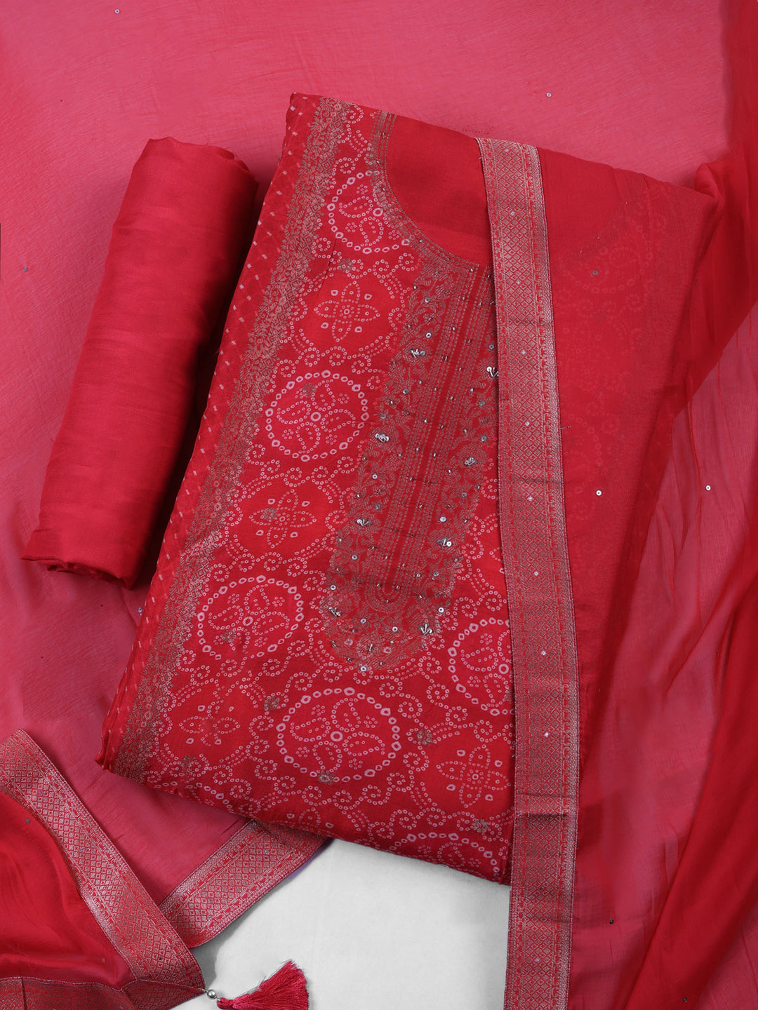Hot-Pink Art Silk Embroidered Unstitched Dress Material