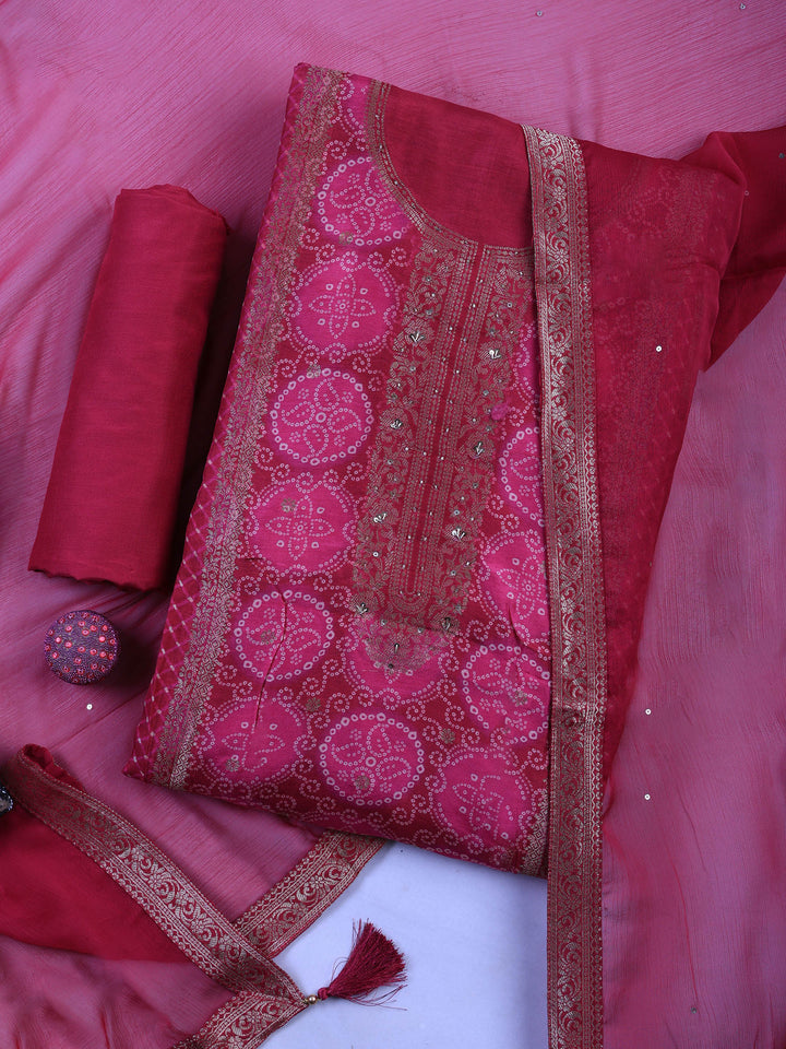 Magenta Art Silk Embroidered Unstitched Dress Material