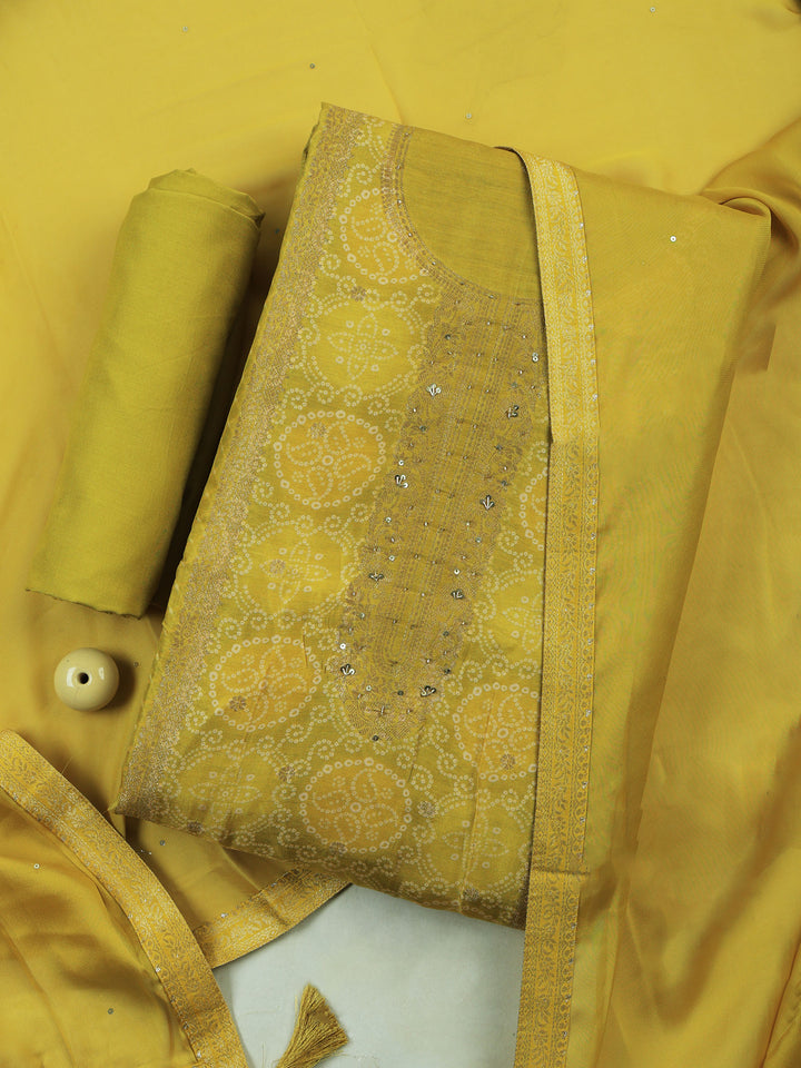Mehndi Art Silk Embroidered Unstitched Dress Material