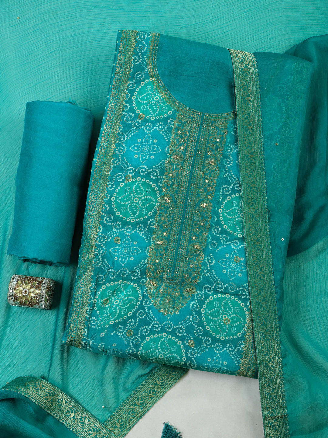 Rama-Green Art Silk Embroidered Unstitched Dress Material