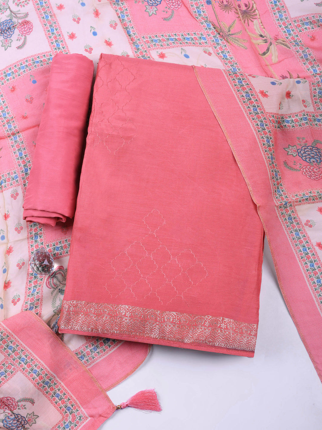 Pink Woven Unstitched Meena Bazaar