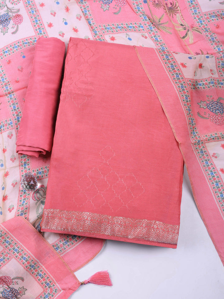 Pink Woven Art Silk Unstitched Dress Material