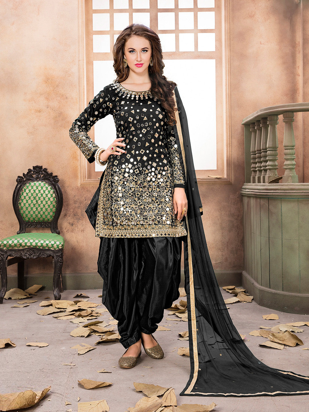 Black Embroidered Art Silk Semi Stitched Kurta With Patiala Salwar &amp; Dupatta