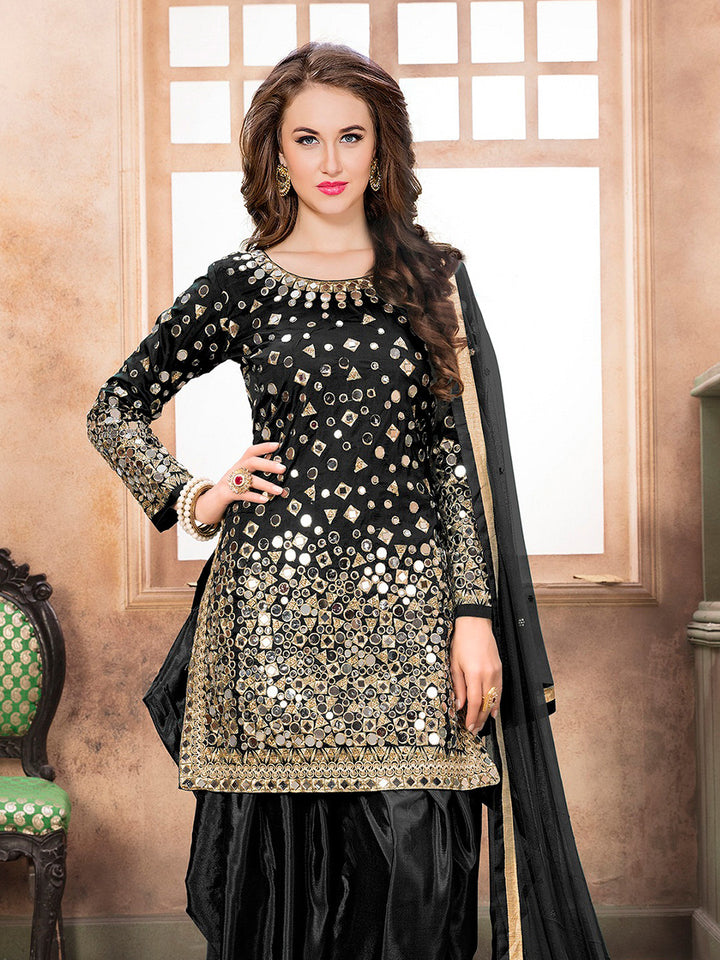Black Embroidered Art Silk Semi Stitched Kurta With Patiala Salwar &amp; Dupatta