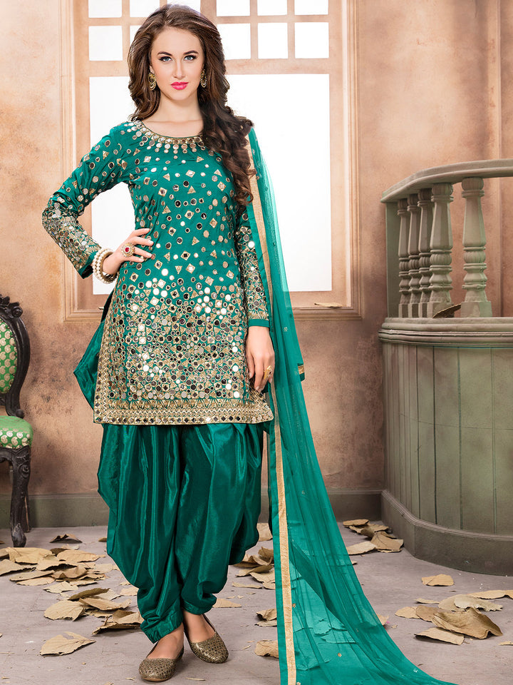 Turquoise Embroidered Art Silk Semi Stitched Kurta With Patiala Salwar &amp; Dupatta