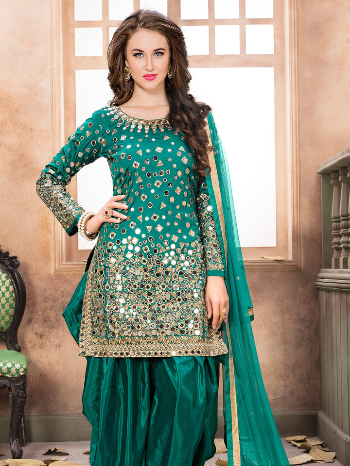Turquoise Embroidered Art Silk Semi Stitched Kurta With Patiala Salwar &amp; Dupatta