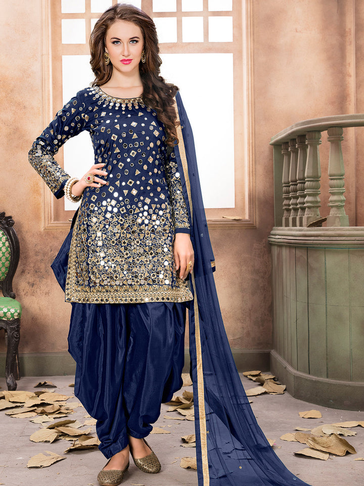 Blue Embroidered Art Silk Semi Stitched Kurta With Patiala Salwar &amp; Dupatta
