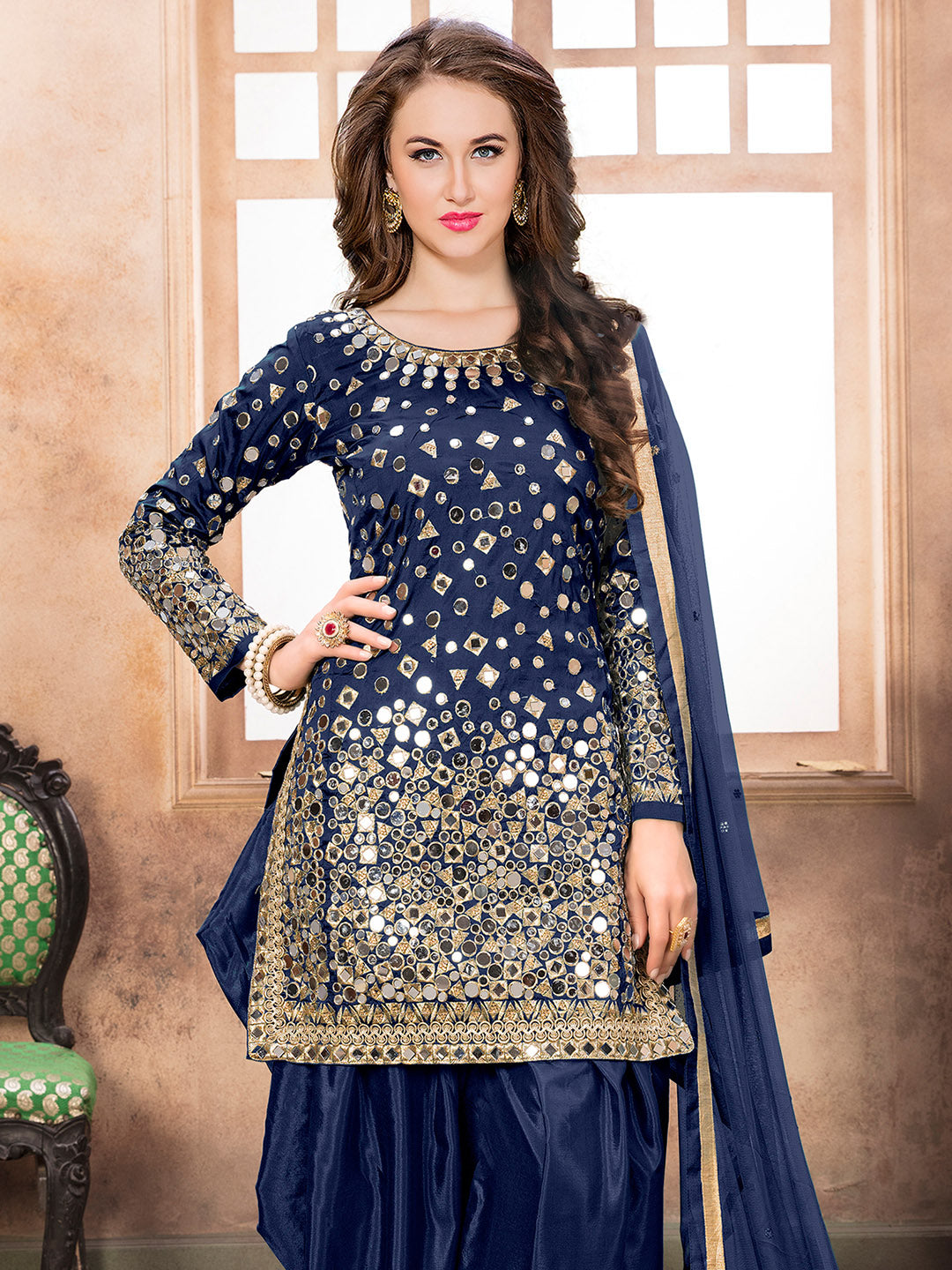 Blue Embroidered Art Silk Semi Stitched Kurta With Patiala Salwar &amp; Dupatta