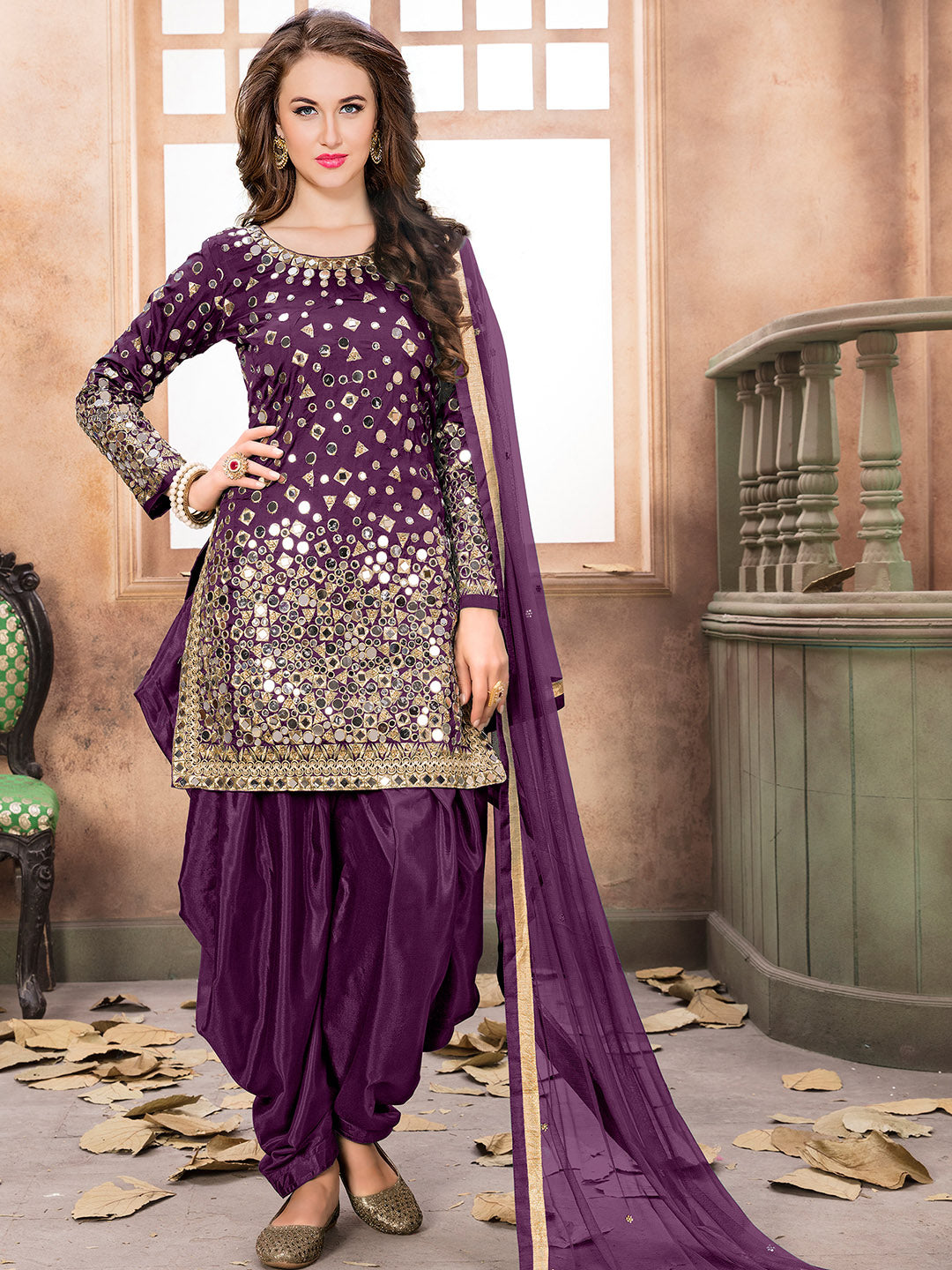 Purple Embroidered Art Silk Semi Stitched Kurta With Patiala Salwar &amp; Dupatta