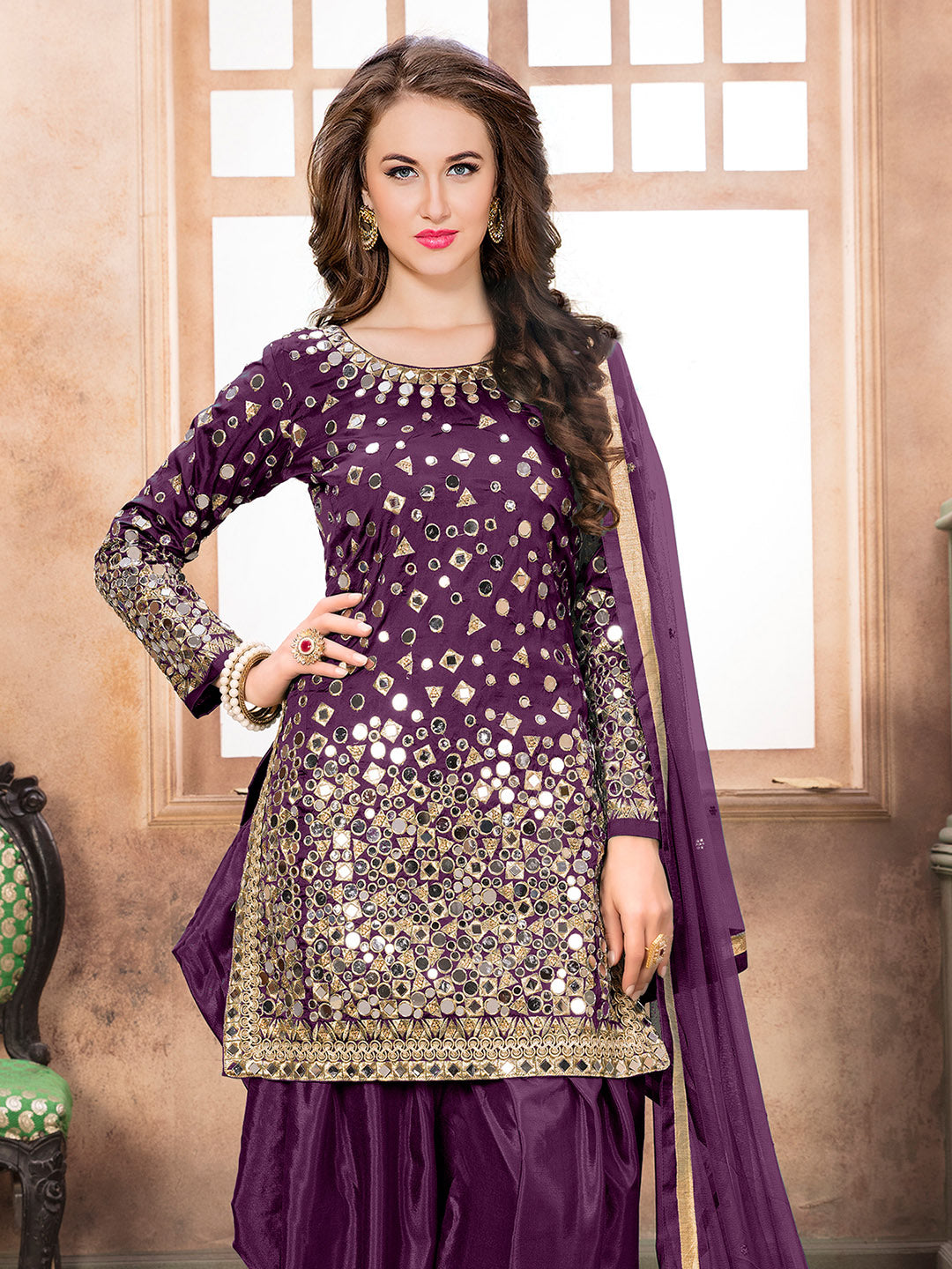 Purple Embroidered Art Silk Semi Stitched Kurta With Patiala Salwar &amp; Dupatta