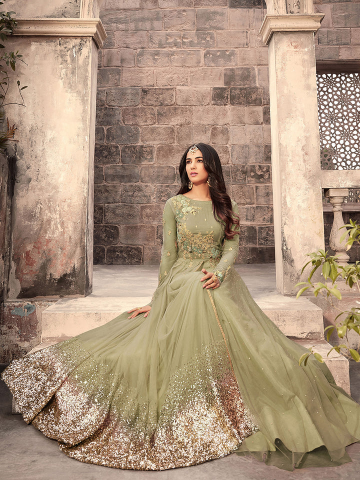Green Net Embroidered Semi Stitched Abaya Pant &amp; Dupatta