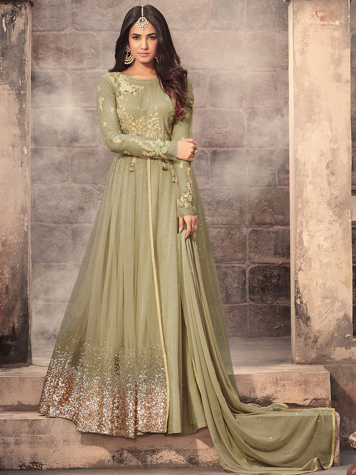 Green Net Embroidered Semi Stitched Abaya Pant &amp; Dupatta