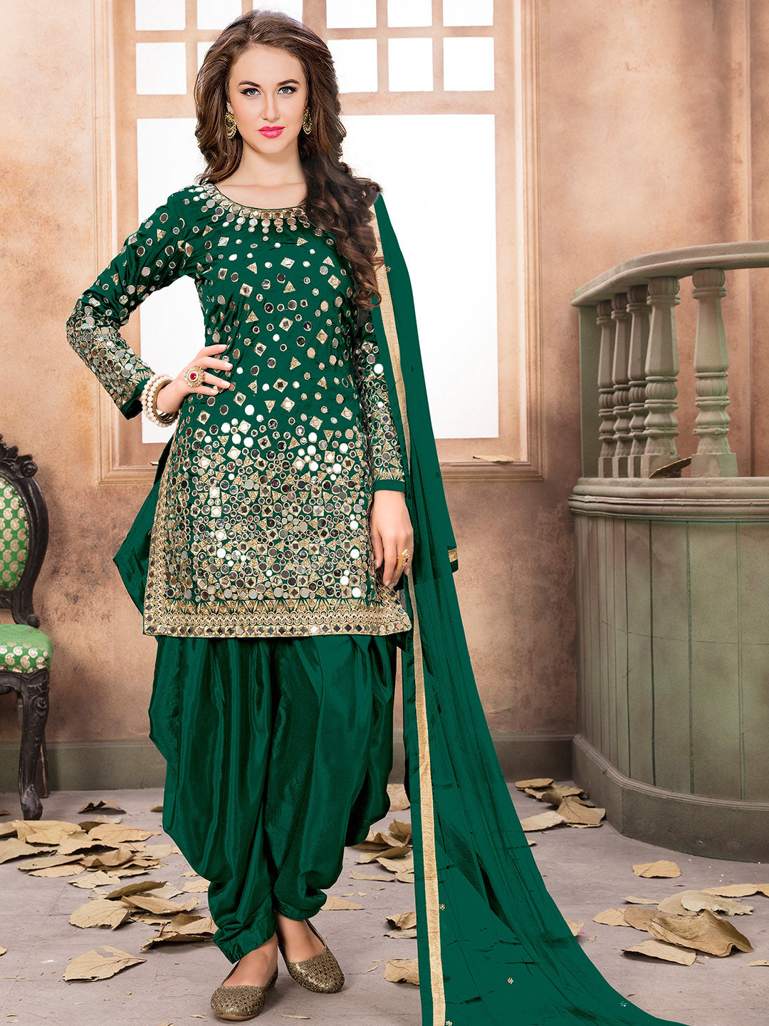 Green Embroidered Art Silk Semi Stitched Kurta With Patiala Salwar &amp; Dupatta