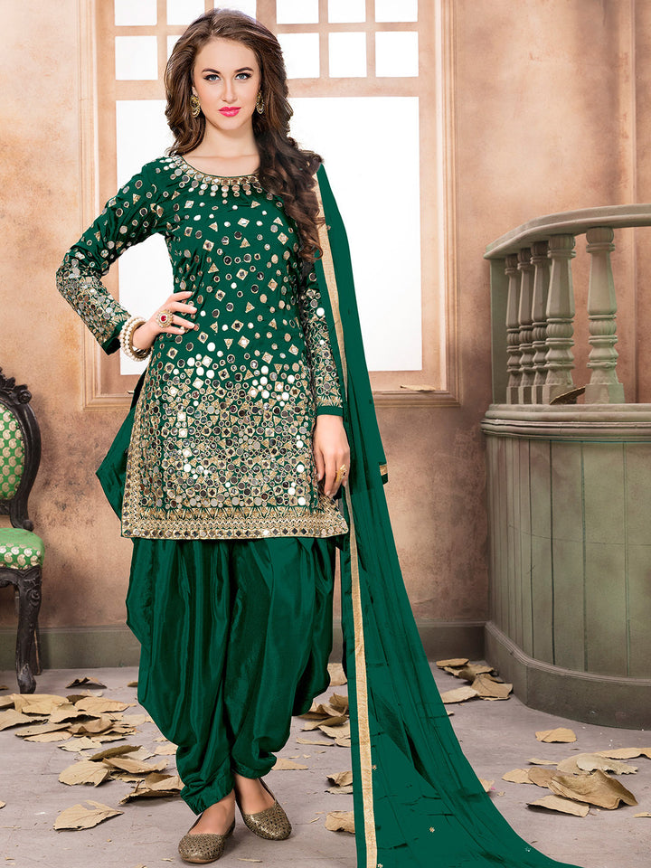 Green Embroidered Art Silk Semi Stitched Kurta With Patiala Salwar &amp; Dupatta