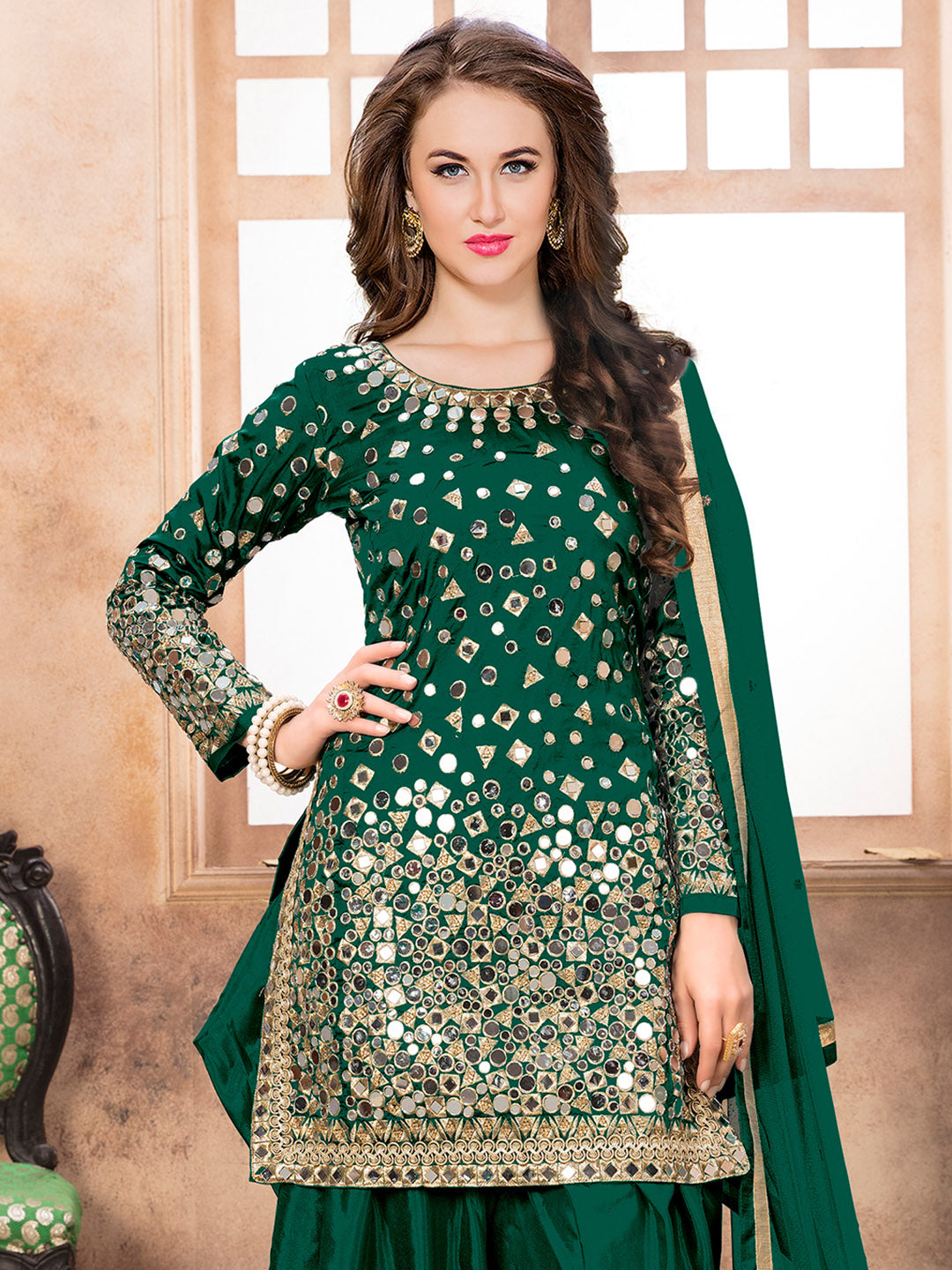 Green Embroidered Art Silk Semi Stitched Kurta With Patiala Salwar &amp; Dupatta