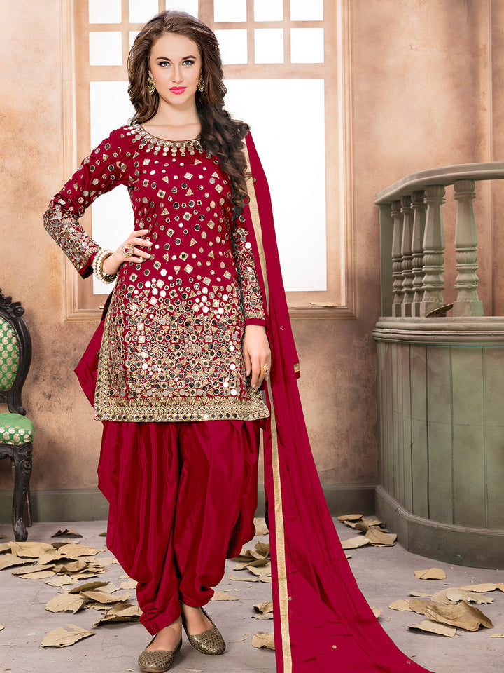 Red Embroidered Art Silk Semi Stitched Kurta With Patiala Salwar &amp; Dupatta